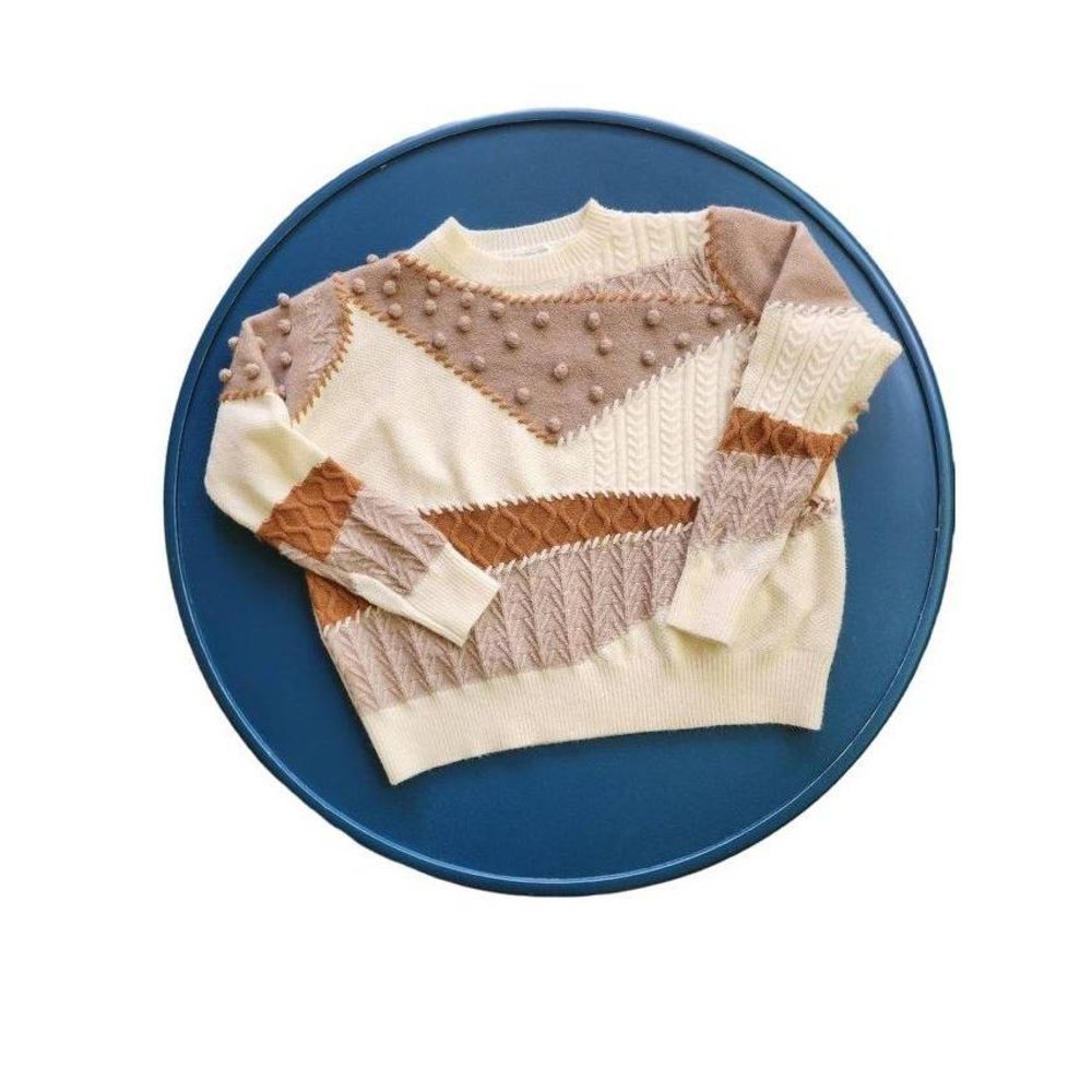 Women Khaki Colorblock Patchwork Pom Pom Knit Sweater Size XL fall oversized EUC